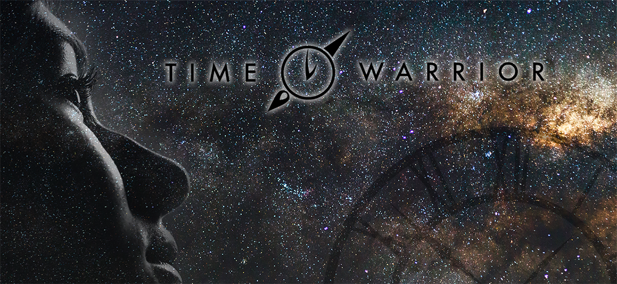 Time Warrior logo on starfield with face and clock